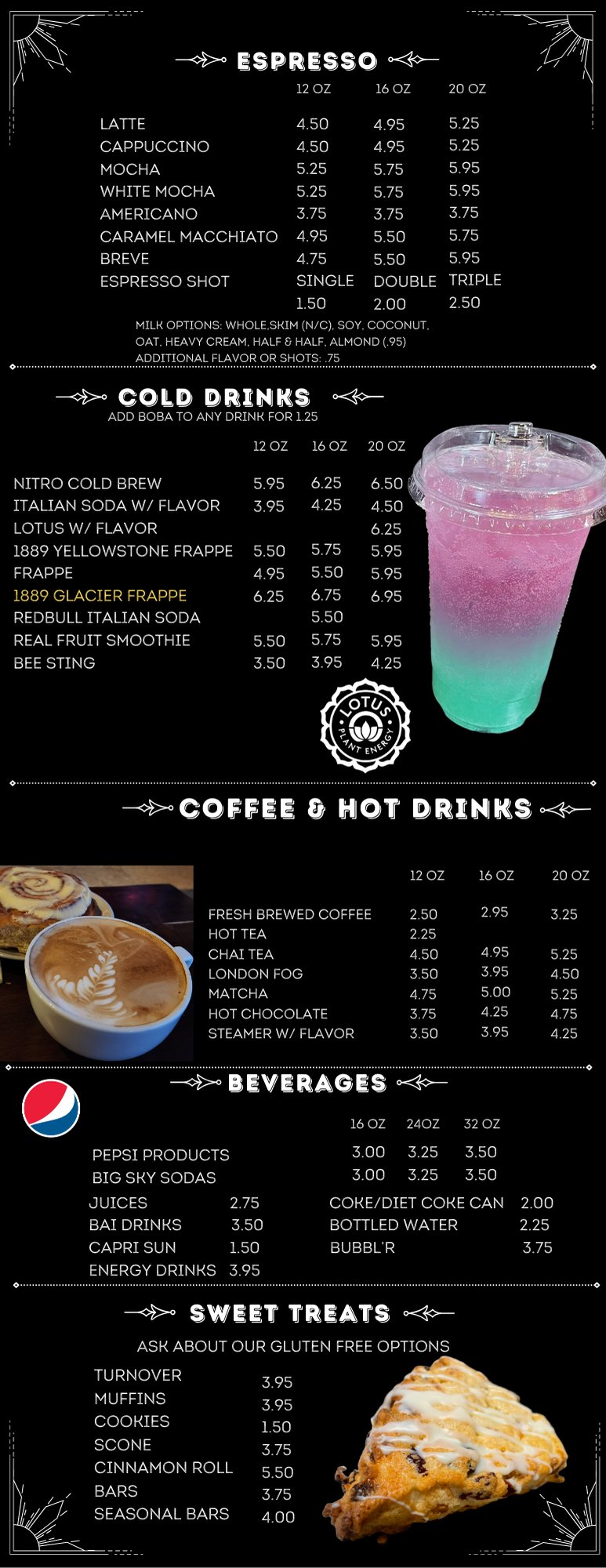 1889 Coffee House drink menu — espresso, cold drinks, coffee, beverages, and sweet treats